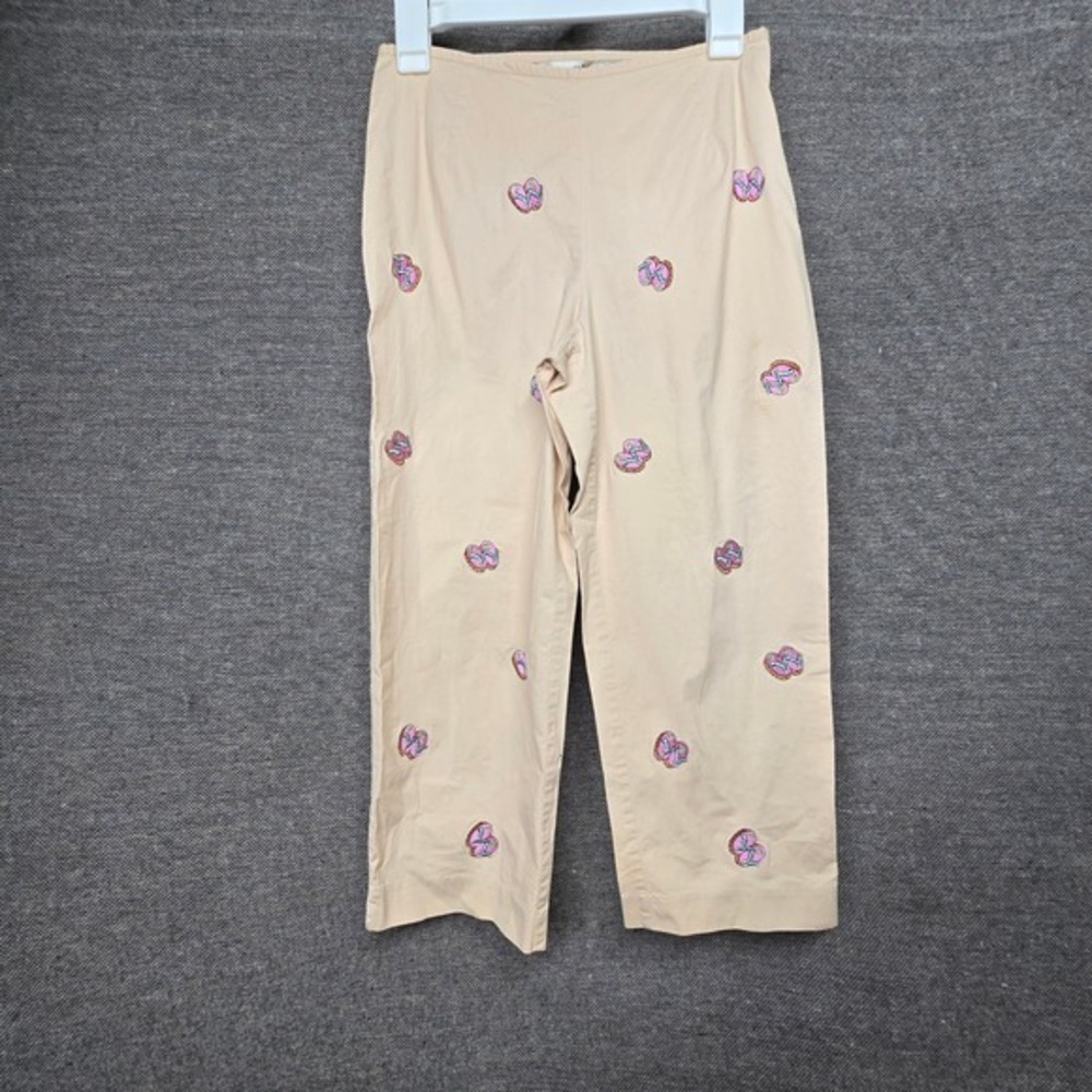 Edward Petite Tan Flip Flop Embroidered Cropped Pants Size 6P‎ Summer Beach Tan